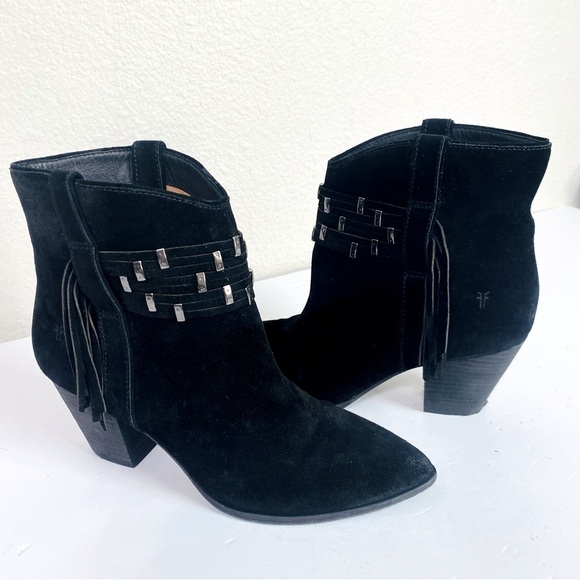 Frye Shoes - Frye Black Suede Reed Showdown Fringe Stud Booties Size 10